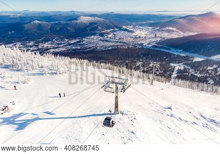 Sheregesh Ski Lift Resort In Winter, Landscape On Mountain And Hotels, Aerial Top View Kemerovo Regi