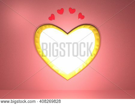 3d Rendering Valentines Day Background Mock Up, Love Shape And Some Loves. Pink, Yellow, Red And Pin
