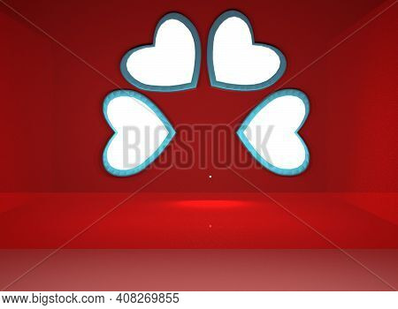 3d Rendering Valentines Day Background Mock Up, Love Shape And Some Loves. Red, Pink And Blue Color
