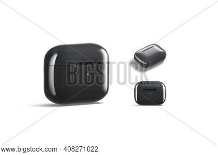 Blank Black Small Headphones Case Mock Up, Different Views, 3d Rendering. Empty Pro Earflaps For Sma