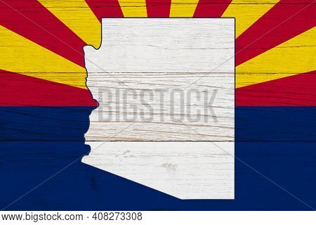Arizona State Flag With The State Map Over Weathered Wood With Copy Space For Your Arizonan Message