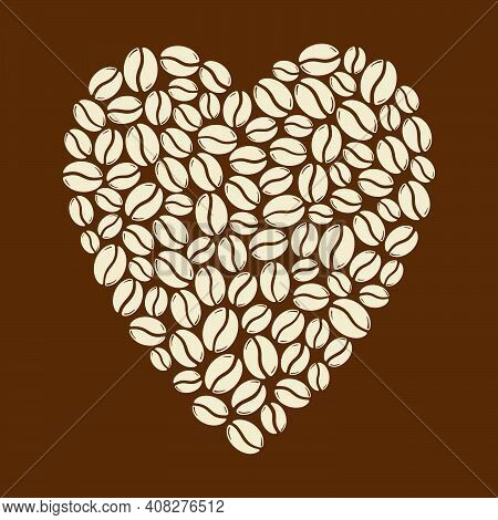 Group Of Roasted Coffee Beans Forming A Heart, Love Caffeine Symbol. Hand Drawn Graphic Vector Illus