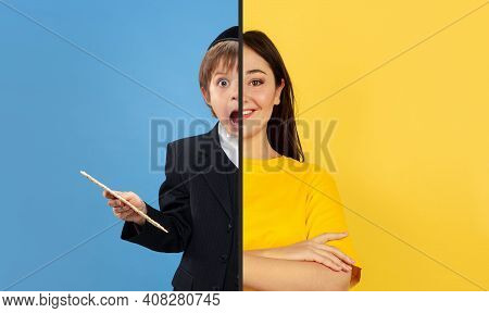 Shocked Little Boy And Confident Woman. Fun And Creative Combination Of Portraits Of Young People Wi
