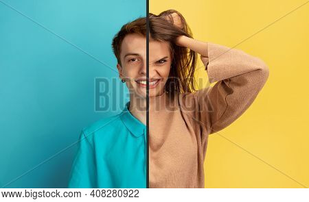Cheerful Man And Agressive Woman. Fun And Creative Combination Of Portraits Of Young People With Dif