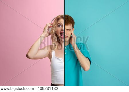 Scared Tired Man And Rocking Woman. Fun And Creative Combination Of Portraits Of Young People With D