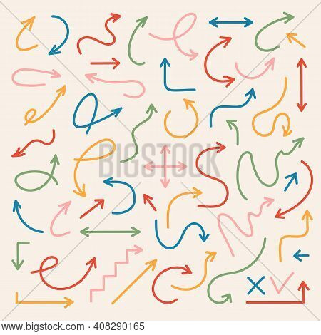 Vector Arrow Set Hand Draw Color Style Isolated On Checkered Background For Infographic, Pictogram, 
