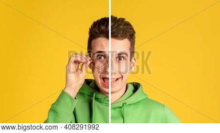 Scared And Cheerful. Fun And Creative Combination Of Portraits Of Young Guy With Different Emotions,