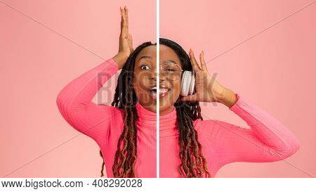 Astonished And Contented. Fun And Creative Combination Of Portraits Of Young Girl With Different Emo