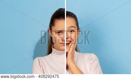 Offended And Cheerful. Fun And Creative Combination Of Portraits Of Young Girl With Different Emotio