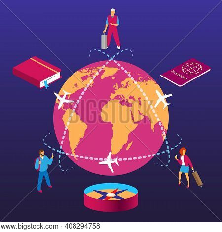 Globe Trip Travelling. Isometric World Travel Concept, International Tourists World Global Traveling