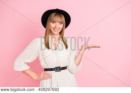 Photo Of Adviser Girl Hold Palm Empty Space Wear Vintage Headwar Dotted Blouse Isolated Pink Color B