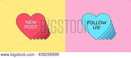 New Post And Follow Us, Banners. Social Media Templates With Heart Frame, Sunburst And Text New Post