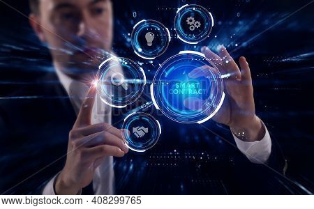 Business, Technology, Internet And Network Concept. Young Businessman Working On A Virtual Screen Of
