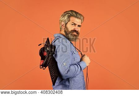 Inspiration For Blogging. Happy Gamer Playing Computer Game. Digital Music Creation. Man Listen Head