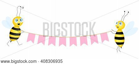 Happy Birthday Banner With Colorful Cute Bees And Flags Isolated On White Background. Holiday Vector