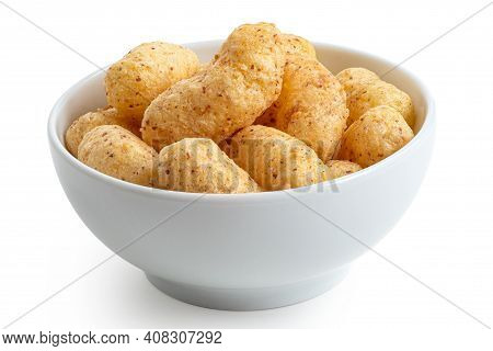 Peanut Flips In A White Ceramic Bowl Isolated On White.