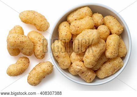 Peanut Flips In A White Ceramic Bowl Next To Some Peanut Flips Isolated On White. Top View.