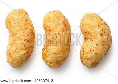 Three Peanut Flips Isolated On White In A Row.
