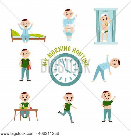 Boy Morning Routine. Funny Character. Every Day Schedule. Waking Up, Peeing, Taking A Shower, Making