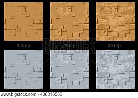 Vector Set Of Textured Stone Walls Step By Step.