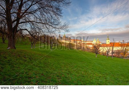 View From Petrin Park On Prague City At  Sunset, Czech Republic. Aerial Panoramic View Of The Histri