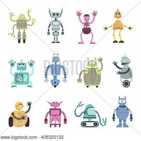 Cartoon Robots Characters. Mechanical Robot, Retro Toy Monsters. Cute Kids Friends, Automation Cybor