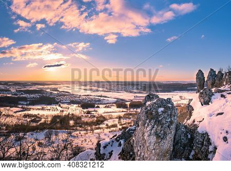 Panoramic View Of Winter Landscape From Mountain Walberla In Franconian Switzerland