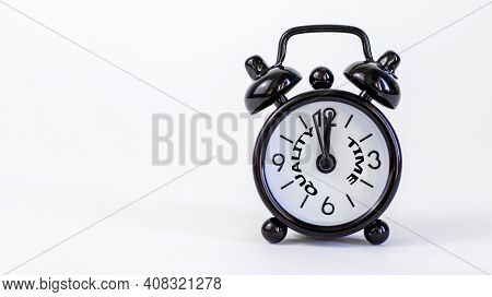 Quality Time Symbol. Beautiful Black Alarm Clock With Words 'quality Time'. Beautiful White Backgrou