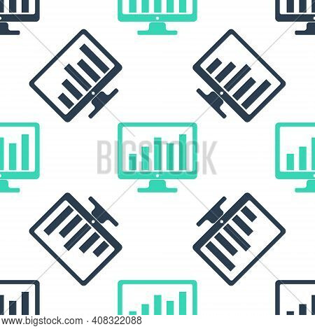 Green Computer Screen With Financial Charts And Graphs Icon Isolated Seamless Pattern On White Backg
