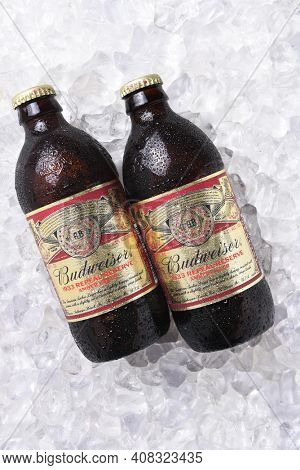IRVINE, CA - NOVEMBER 7, 2017: Bottles of Budweiser 1933 Repeal Reserve Amber Lager on ice. Budweiser is releasing this historically inspired recipe to celebrate the Repeal of Prohibition.