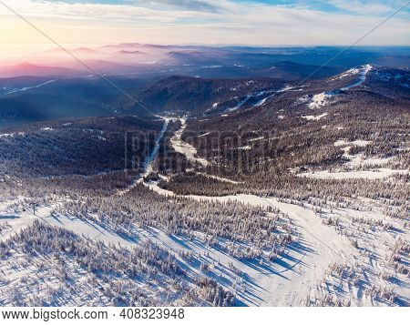 Sheregesh Ski Lift Resort In Winter, Landscape On Mountain And Hotels, Aerial Top View Kemerovo Regi
