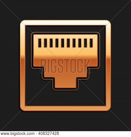 Gold Network Port - Cable Socket Icon Isolated On Black Background. Lan Port Icon. Ethernet Simple I