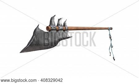 Bardiche Long Poleaxe Weapon Top View. On White. 3d Render