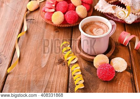Espersso Coffee Traditional Sweet Pastries On A Wooden Table, During The Carnival Period In Italy. S