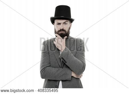 Street Performance. Man Bearded Guy Magician. Magic Trick Performance Concept. Circus Magic Trick Pe