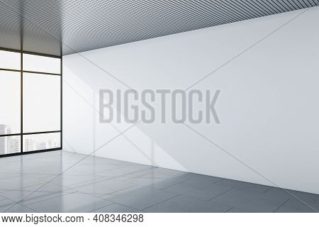 Modern Minimalistic Office Room With City View, Blank Light Grey Wall And Grey Top And Floor. Mockup