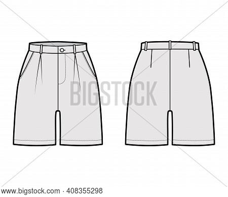 Short Pants Technical Fashion Illustration With Mid-thigh Length, Single Pleat, Normal Waist, High R