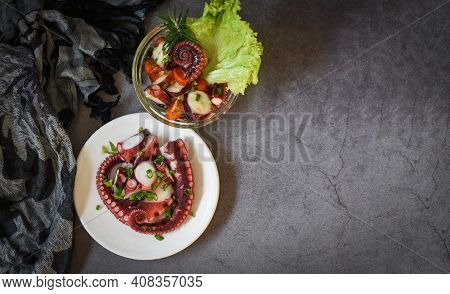 Fresh And Healthy Salad Seafood Squid And Octopus Tentacles, Octopus Salad Vegetables With Lemon Lim