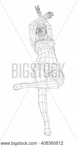 Wireframe Ballerina Or Dancer In Dance Pose. Vector 3d Rendering