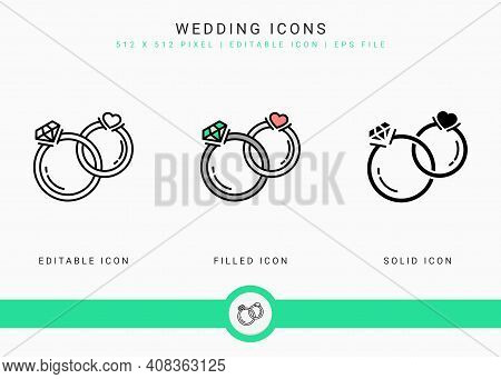 Wedding Icons Set Vector Illustration With Solid Icon Line Style. Love Romance Concept. Editable Str