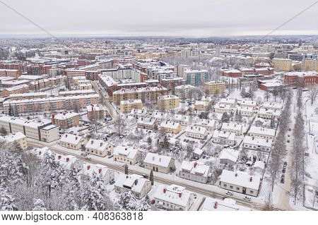 Lahti, Finland February 14, 2021. Photo From The Drone. City View, Residential Buildings And Streets