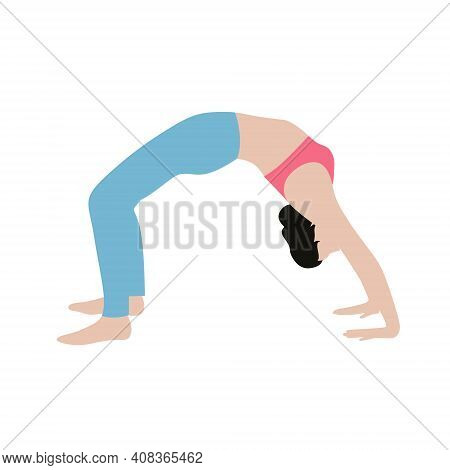 A Girl Isolated On A White Background Does Yoga And Does An Acrobatic Bridge. Concept Of Sports, Hea