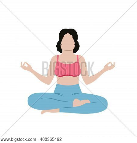 A Beautiful Girl Is Sitting In A Lotus Position Isolated On A White Background. Vector Flat Cartoon 