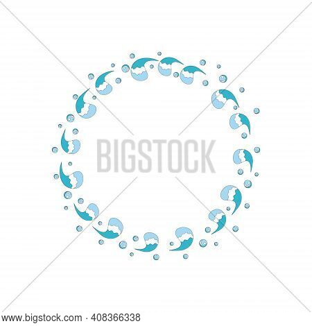Vector Round Frame With Sea Life And Sea Waves. World Ocean Day. Children's Cartoon Illustration For