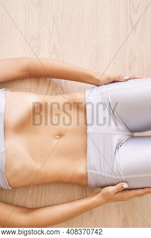 Young Pretty Woman Do Breathing Exercise. Home Sport Workout. Healthy Lifestyle. Long Blond Hair. Fe