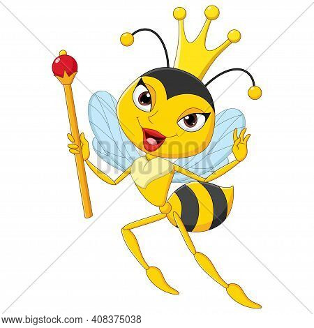 Vector Illustration Of Cartoon Queen Bee Holding A Scepter