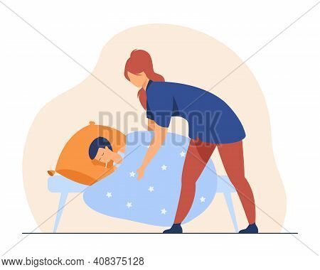 Mom Taking Care About Kid With Flu. Sick Child With Thermometer Resting In Bed, Mother Adjusting Bla