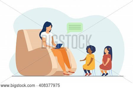 Mom Spending Time At Home With Missed Race Kids. Mother Reading Book To Daughters In Living Room. Fl
