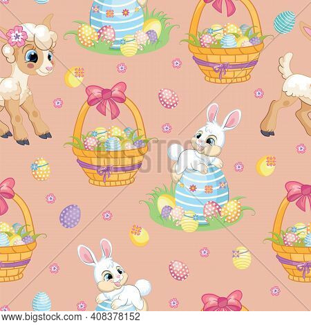 Seamless Vector Pattern With Easter Concept. White Rabbit, Lamb And Basket With Easter Eggs. Colorfu