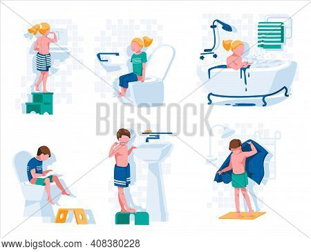 Children In Bathroom Set. Preteen Boys And Girls Taking Bath, Brushing Teeth, Sitting On Toilet. Hyg
